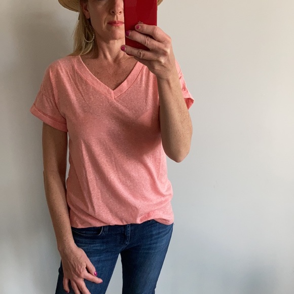 Peachy/Pink V Neck Short Sleeve Tee - Picture 2 of 10